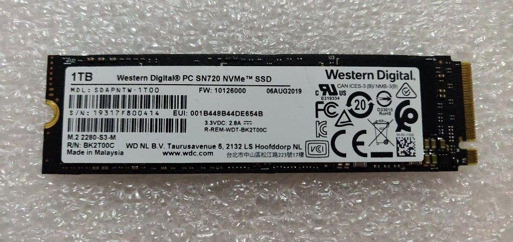 WD PC SN720 1TB NVMe PCIe 3.0 3400MB/s – 100% Health – 407h, Ophalen, Intern, Gebruikt, SSD