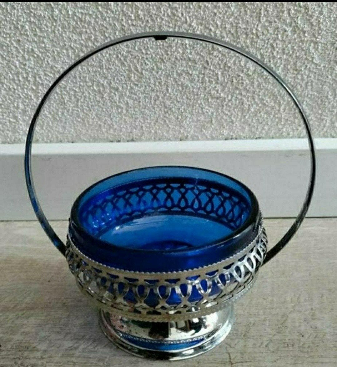 Bonbonschaal,Suikerschaal,blauw,glas,Cobalt,Zilverkleur, Ophalen of Verzenden, Zo goed als nieuw