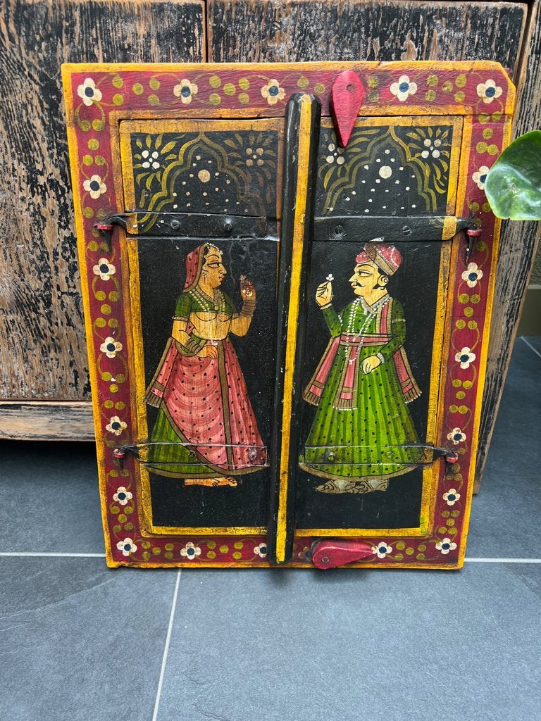 Raja Rani Royal houten raam luik India handbeschilderd, Hout, Wanddecoratie, India, Ophalen of Verzenden