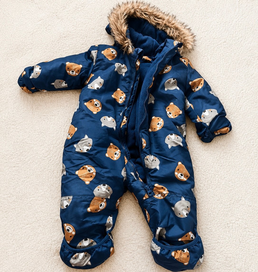 Warme Baby Winteroverall met Dierenprint – Donkerblauw, Ophalen, Zo goed als nieuw, Jongetje of Meisje, Jasje