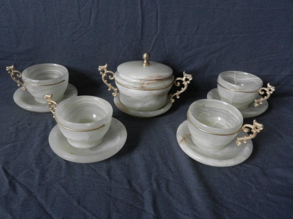 Tiendelig onyx serviesje met verguld koper Italië ca 1970, Overige materialen, Klassiek, Ophalen of Verzenden, Zo goed als nieuw
