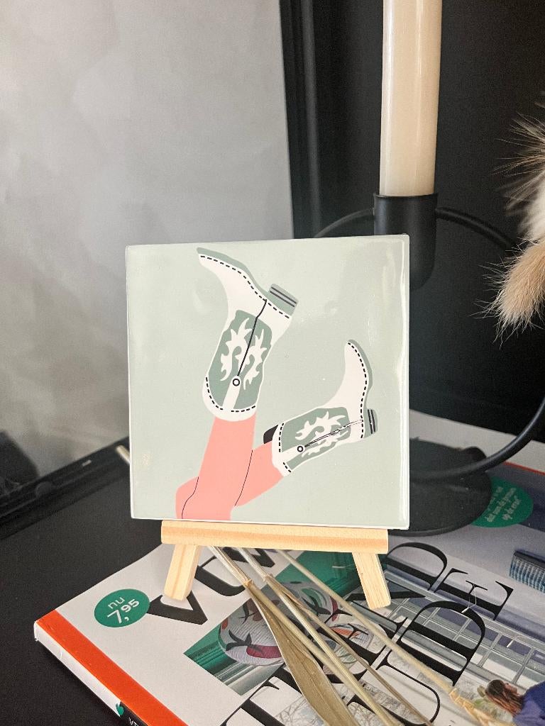 Tegeltje met print 10x10cm - Cowgirl laarzen, Groen, Steen/keramiek, Ophalen of Verzenden, 10 cm