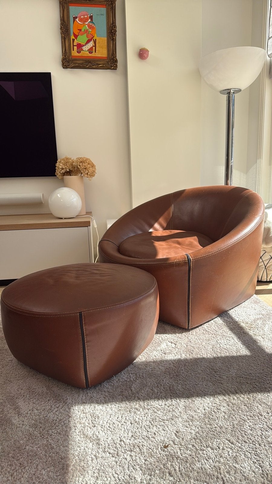 Minotti Capri Fauteuil met Poef – Cognac Leer, Ophalen, Gebruikt, Leer, 75 tot 100 cm