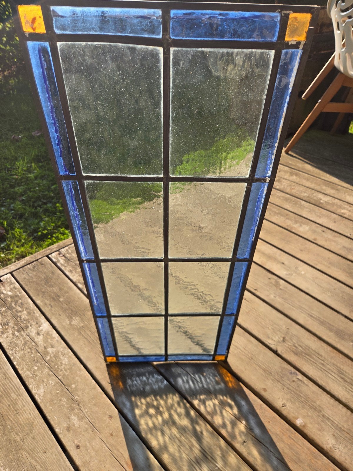 Jaren '30 glas-in-lood raam - Blauw/Geel (30,5 x 73,5 cm), Doe-het-zelf en Verbouw, Ophalen, Gebruikt, Minder dan 80 cm, Overige typen