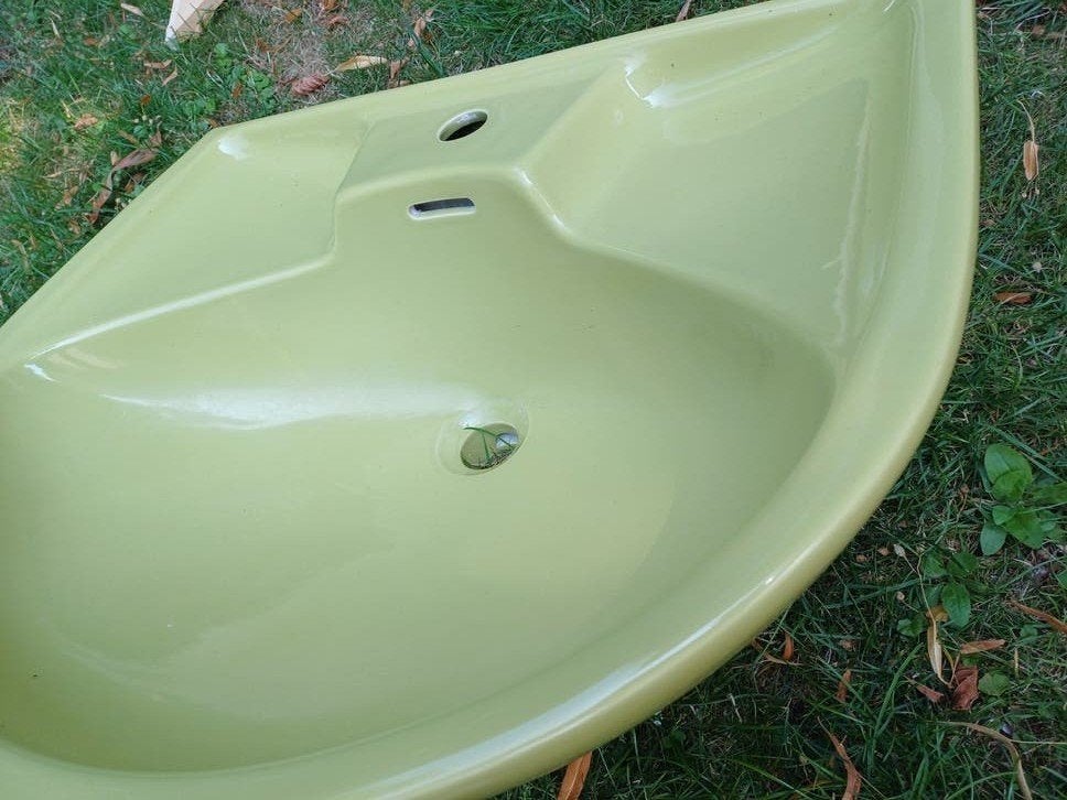 Vintage retro - Groene Wastafel Wasbak- olijfgroen - Parusi, Ophalen, Gebruikt, Wastafel