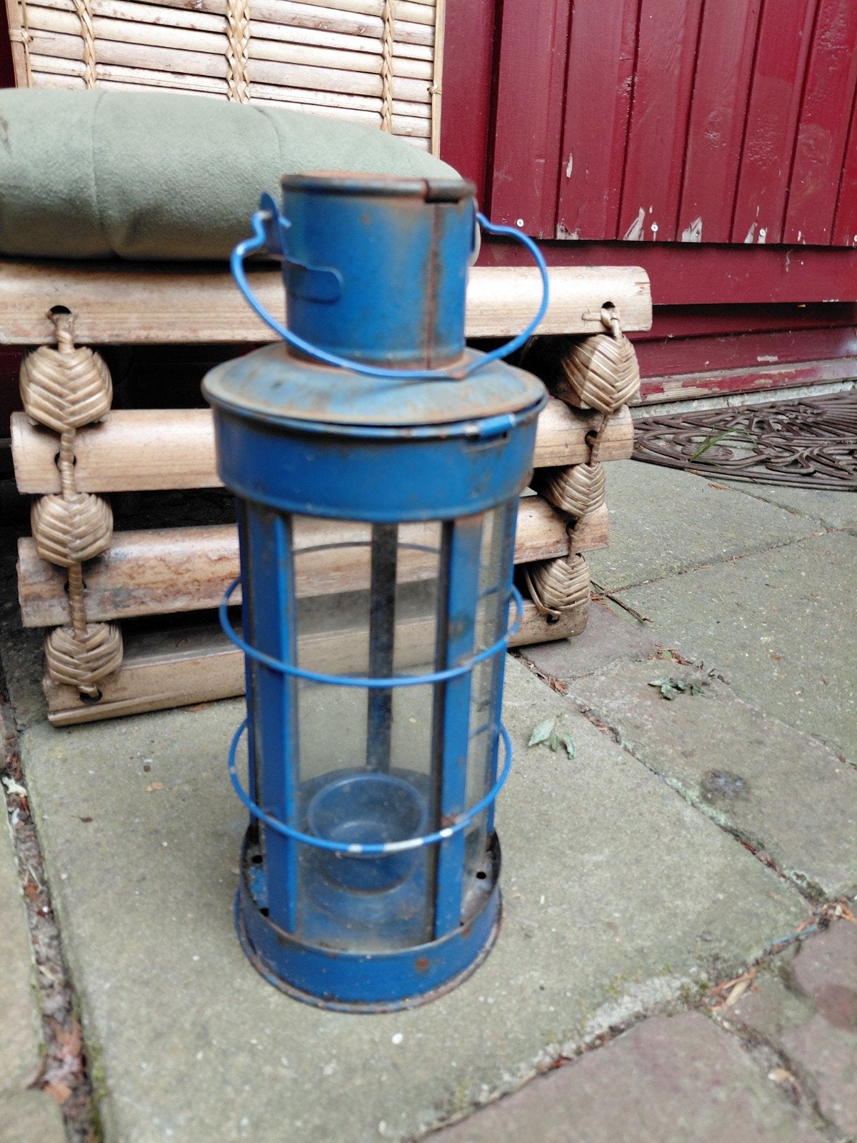 Oude metalen lantaren blauw  voor waxinelichtje, Tuin en Terras, Buitenverlichting, Gebruikt, Wandlamp, Ophalen of Verzenden, Netvoeding