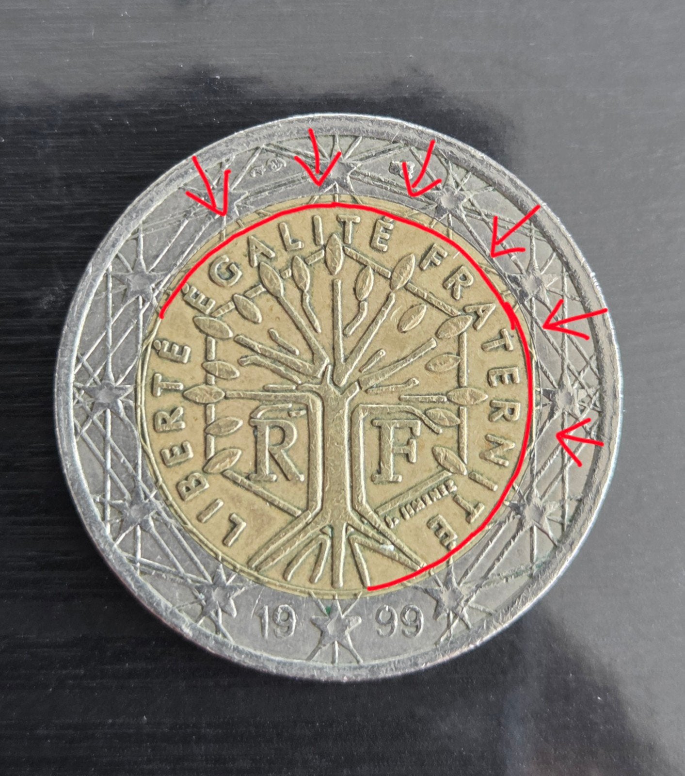 2 euro munt Frankrijk 1999 met drukfout., Postzegels en Munten, Munten | Europa | Euromunten, Ophalen of Verzenden, Frankrijk