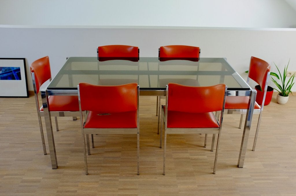 70s vintage eettafel met 6 stoelen, Ophalen, Gebruikt, Seventies, 50 tot 100 cm