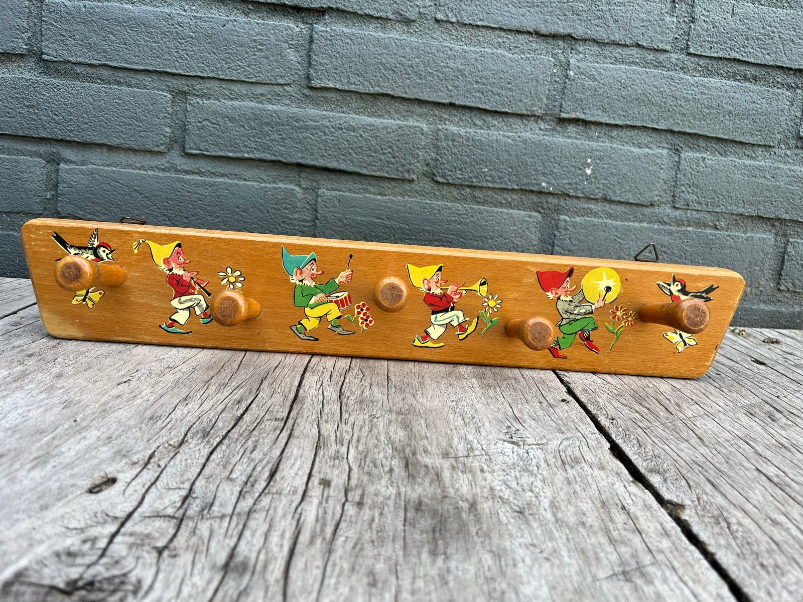 Vintage Kinderkapstok Hout met Kabouters en Vogels, Ophalen, Gebruikt, Hout, Kinderkapstok