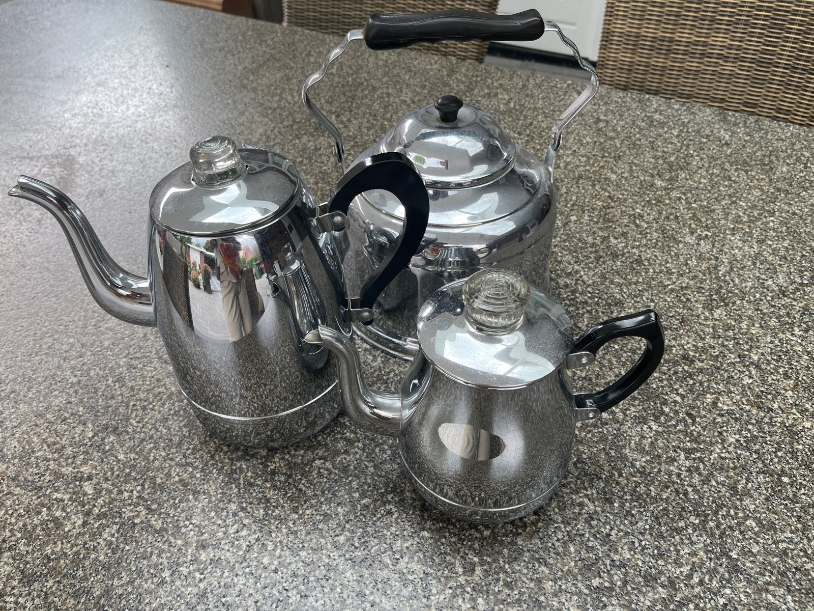 Set van 3 vintage percolators/fluitketels - Chroom, Huis en Inrichting, Theepot/fluitketel, Gebruikt, Zilver, Ophalen of Verzenden