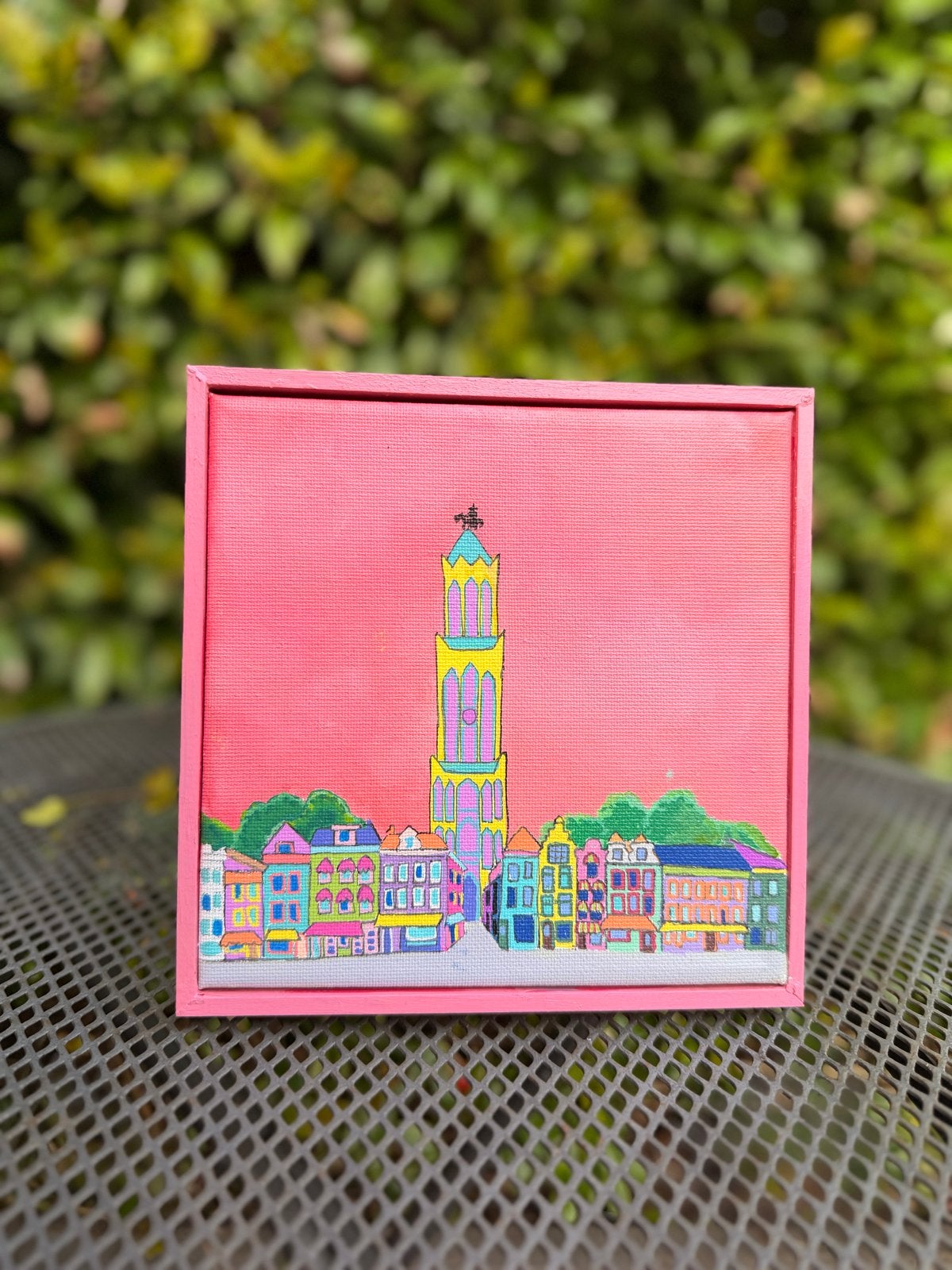 Handgeschilderd schilderij Domtoren Utrecht 15x15cm, Antiek en Kunst, Acrylverf, Handgeschilderd, Ophalen of Verzenden, Stadsgezicht