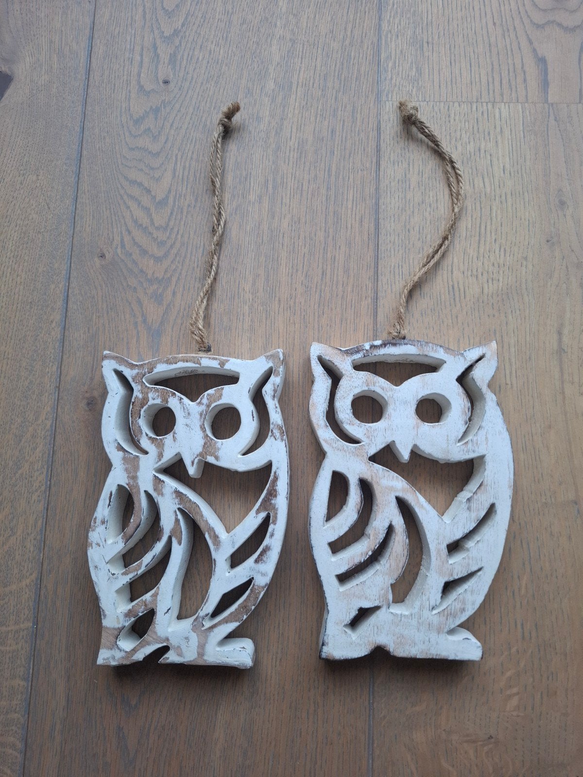 Set van 2 houten uilen decoratie - 20 cm, Huis en Inrichting, Gebruikt, Ophalen of Verzenden, Wit, Vintage