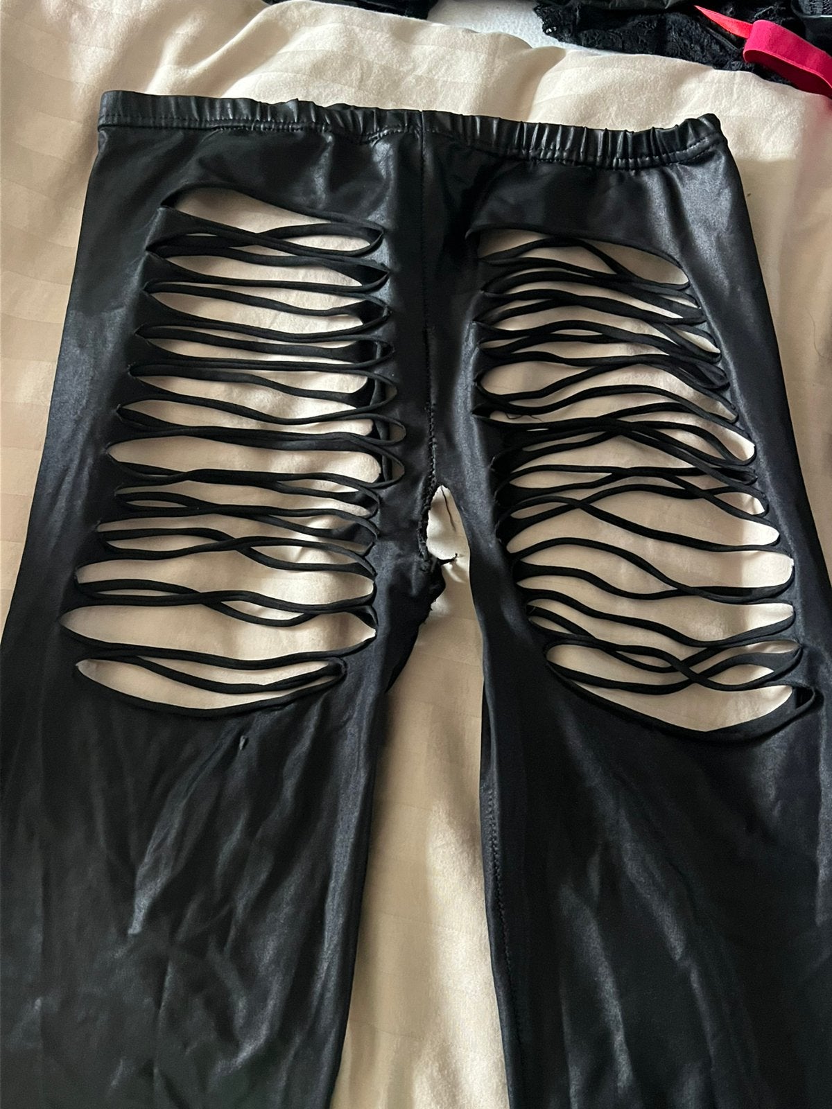 Legging lak leer zwart gaten billen m, Verzenden, Zo goed als nieuw, Zwart