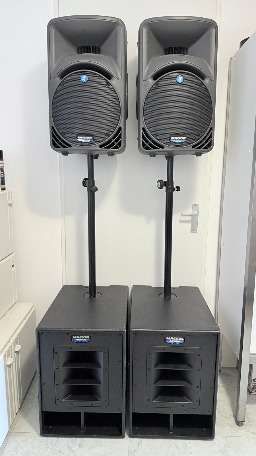 Top Set: 2x Mackie SWA1501 subwoofers + 2x Mackie SRM 450 v1, Gebruikt, Speakerset, Ophalen, 150 watt of meer