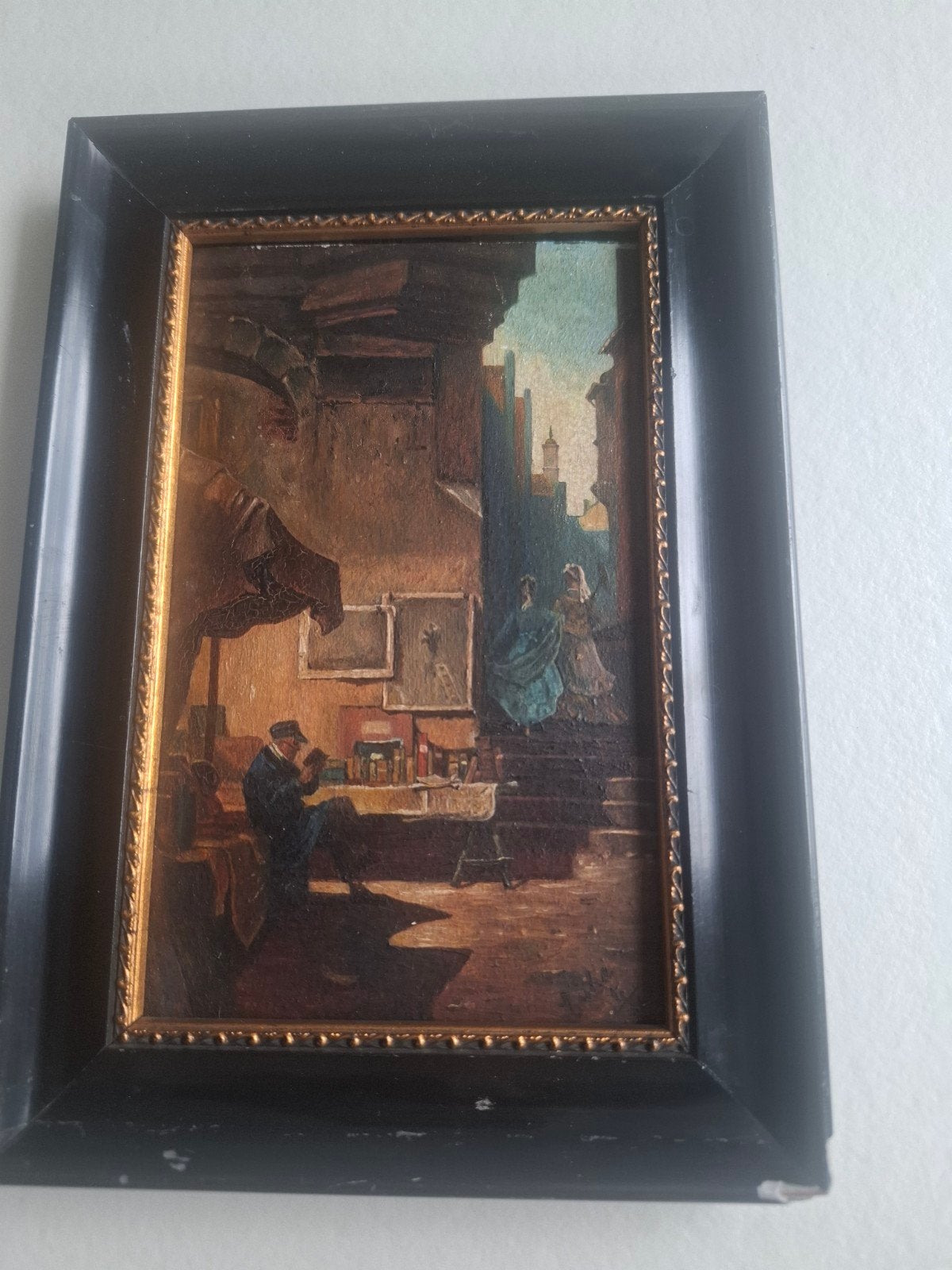 Oud Hollands Schilderijtje:  de antiquair, Antiek en Kunst, Paneel, Portret of Personen, Oud hollands, Ophalen of Verzenden