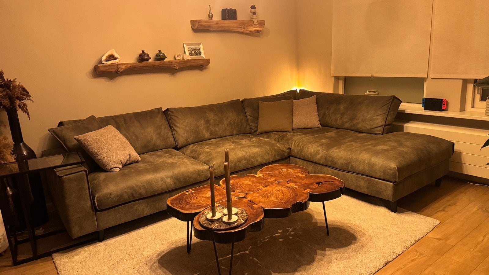 Luxe Goossens Jonas hoekbank, groen microleer, Huis en Inrichting, Ophalen, Zo goed als nieuw, Leer