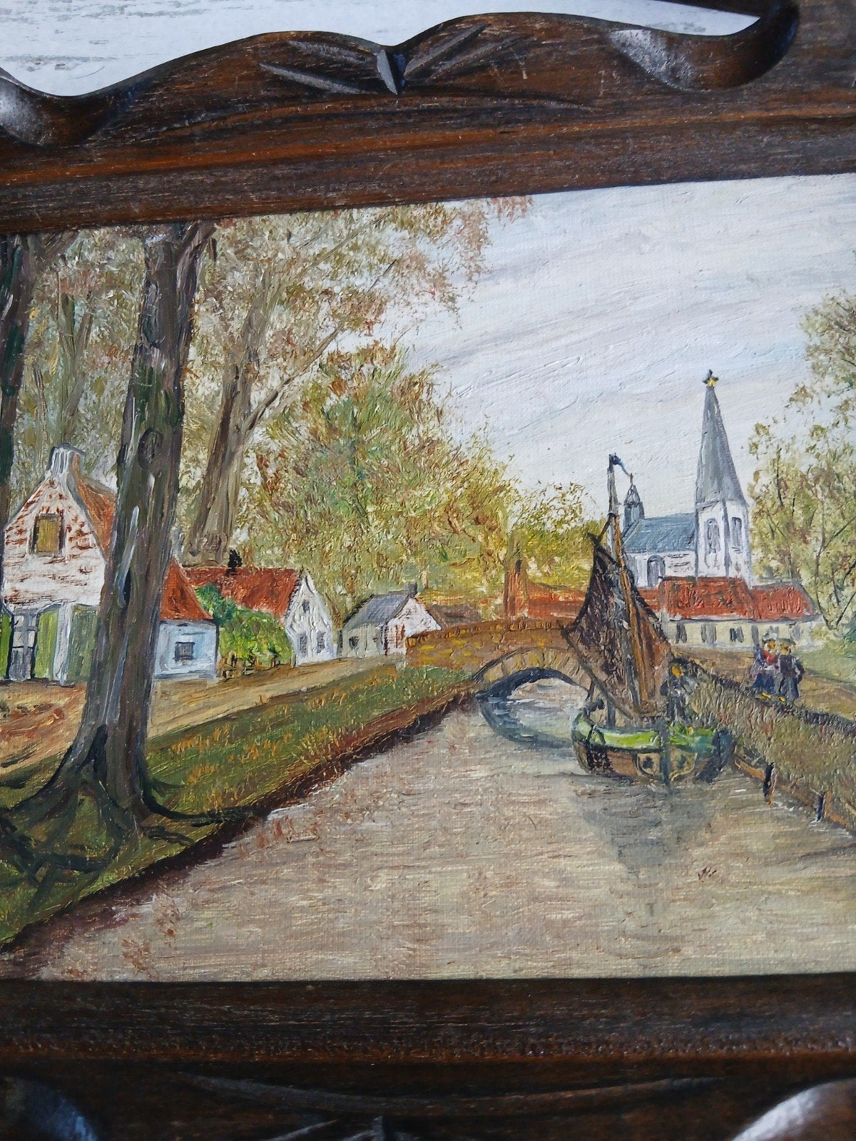 Schilderij J. Visser - Hollands landschap met kerk en kanaal, Antiek en Kunst, Doek, Ophalen of Verzenden, Gesigneerd, Klassiek