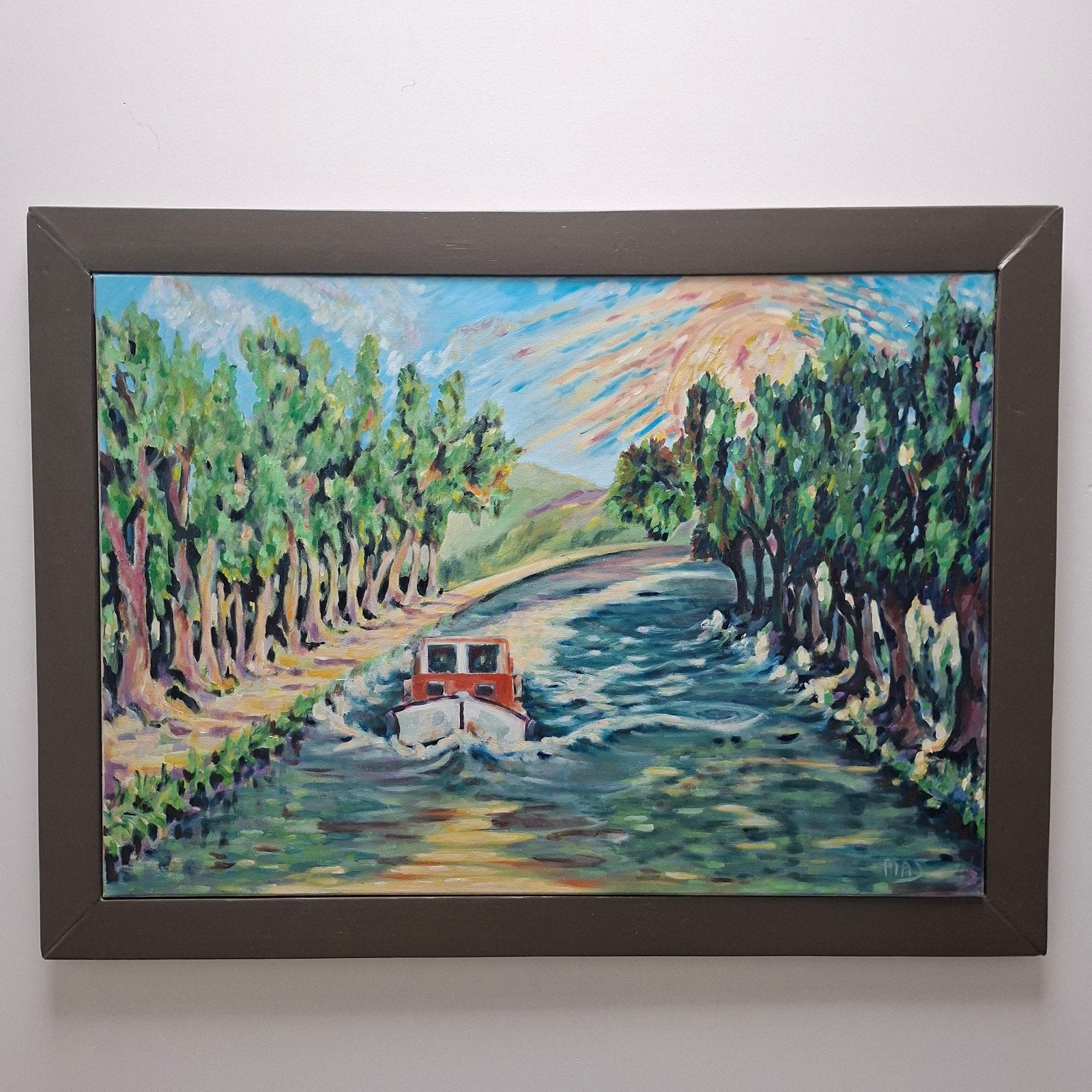Olieverf schilderij landschap kanaal met boot, Ophalen, Doek, Impressionistisch, Landschap