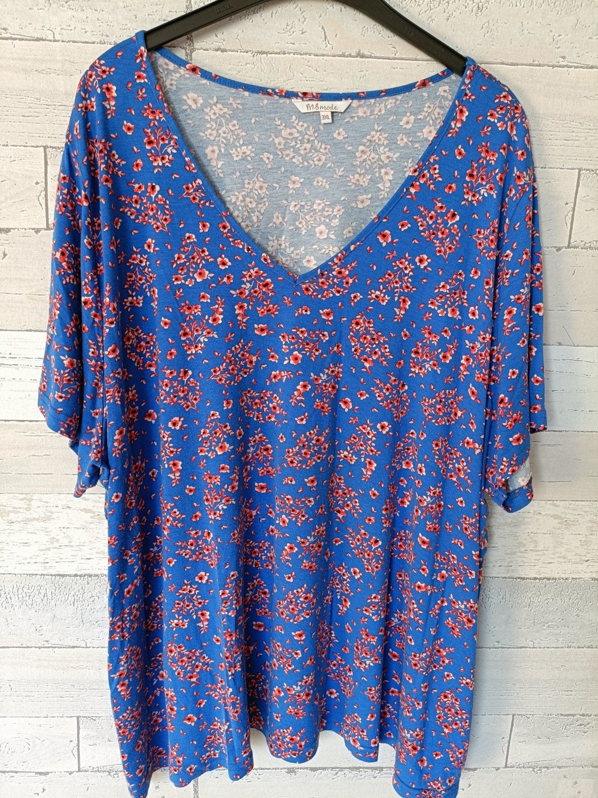 MS Mode Blauwe Bloemenprint Top Maat 3XL, Blauw, Maat 46/48 (XL) of groter, Ophalen of Verzenden, Korte mouw
