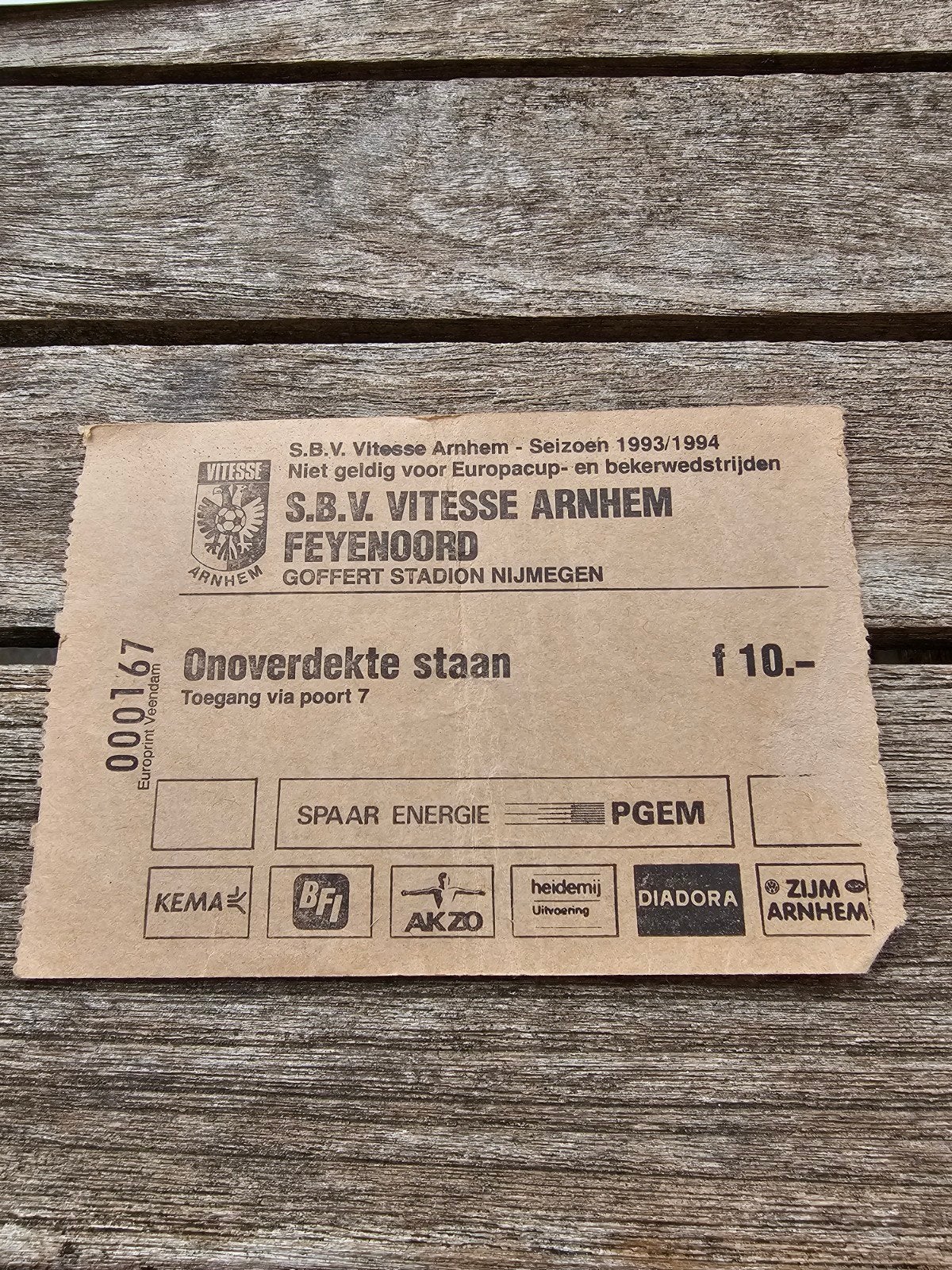 Kaartje vitesse-feyenoord seizoen 1993-1994, Verzenden, Feyenoord, Poster, Plaatje of Sticker