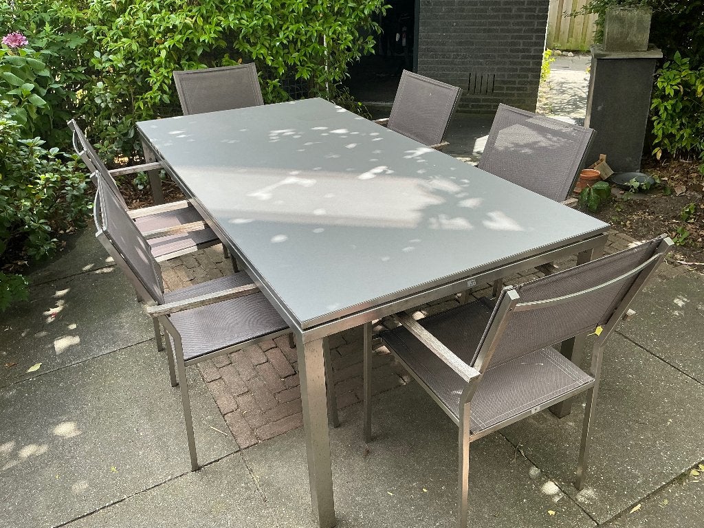 Tuinmeubel tafel en 6 stoelen Gloster, Ophalen, Gebruikt, 6 zitplaatsen, Rvs