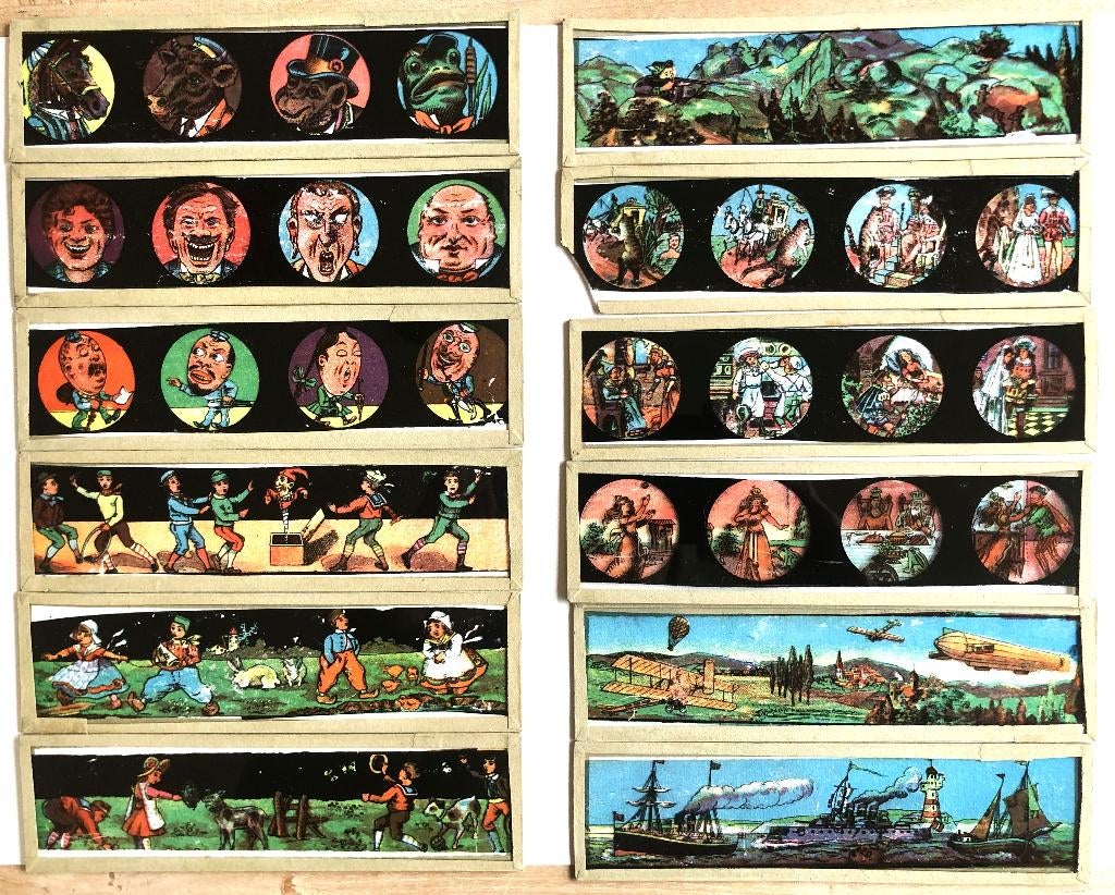 Decalcomanie toverlantaarn plaatjes 12 stuks - 5 x 18 cm, Antiek en Kunst, Antiek | Speelgoed, Ophalen of Verzenden