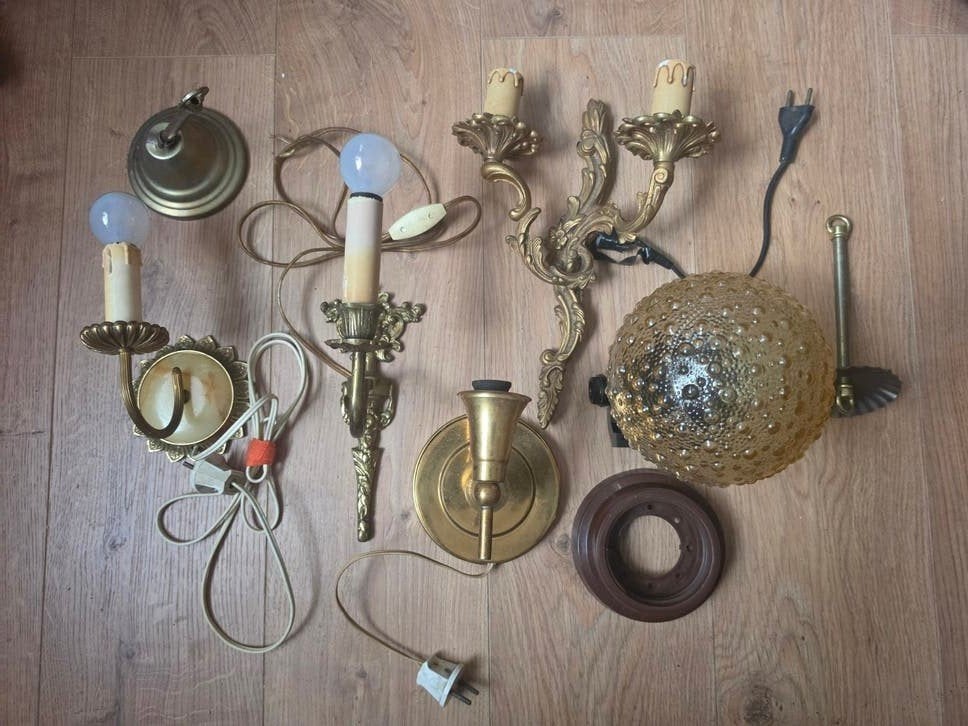 Wandlampen x 4 / 1 plafondlamp / 2 lamphouders messing/brons, Ophalen of Verzenden