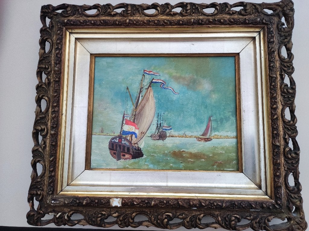 schilderwerkje op paneel, Antiek en Kunst, Ophalen, Gedateerd, Maritiem / water, Paneel