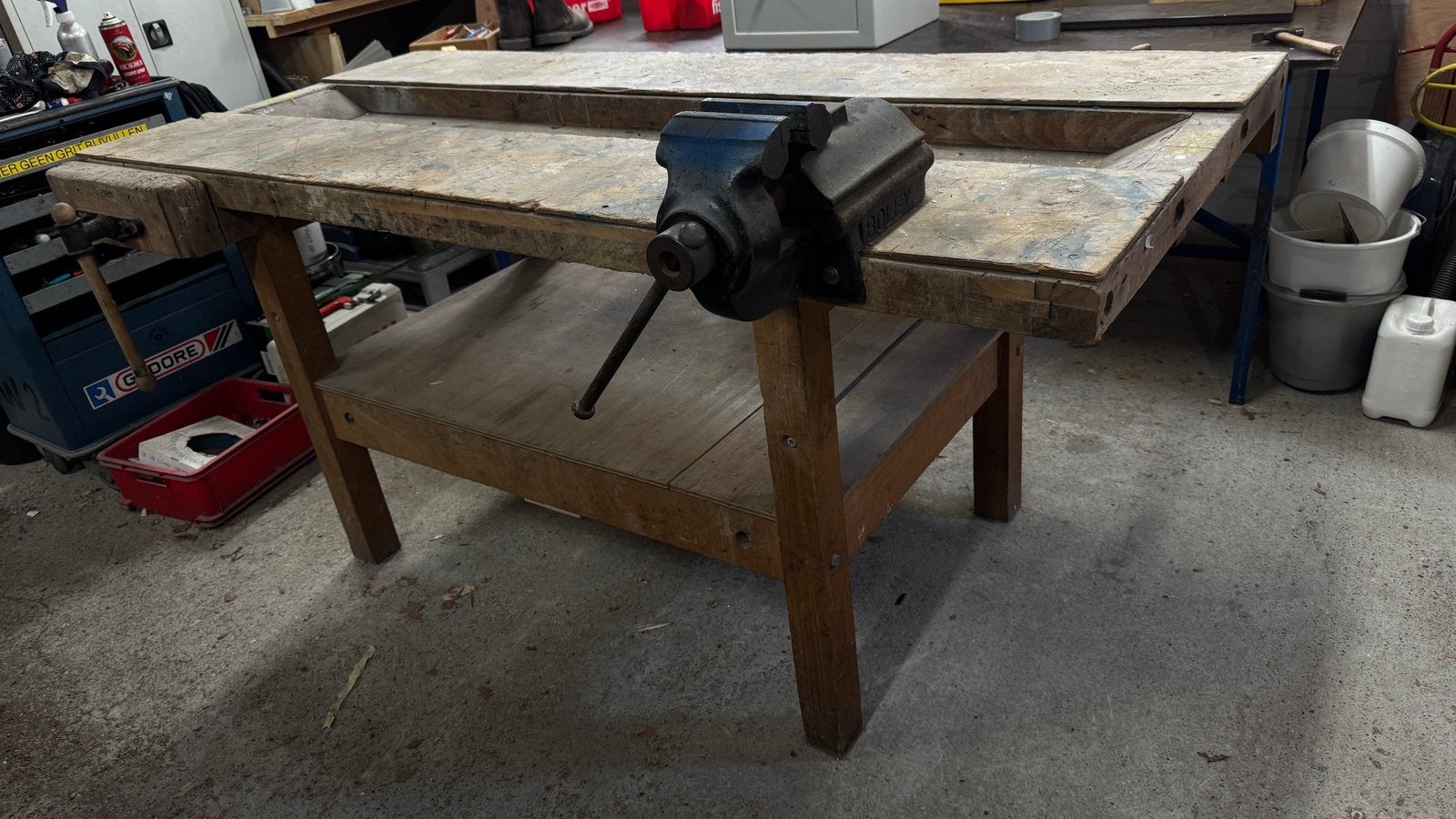 Vintage houten werkbank, Ophalen, Gebruikt, Bankschroef