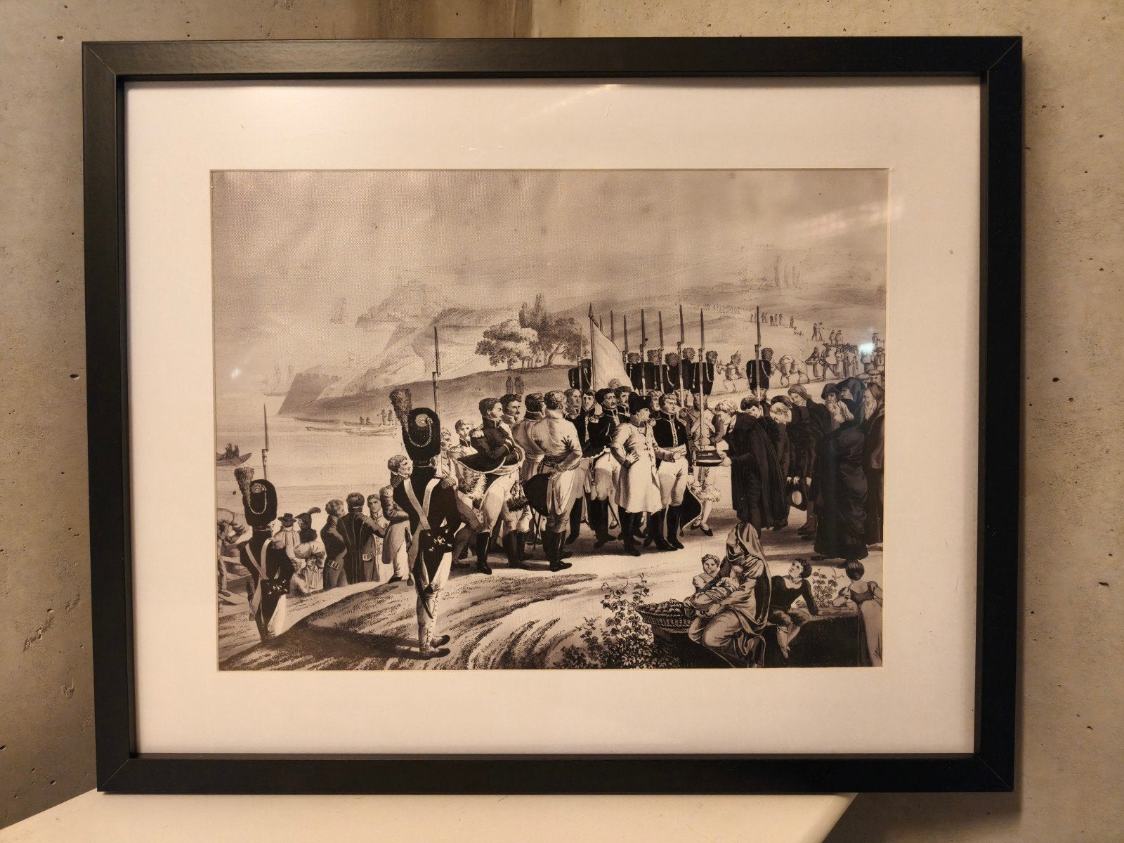 Historische Gravure: Militaire Scène aan Kustlijn, Ingelijst, Ingelijst, 1800 - 1899, Militair, Ophalen of Verzenden