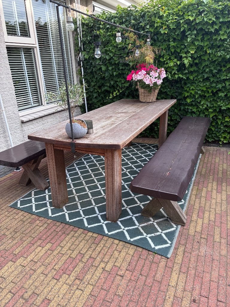 Tuintafel 230 cm robuust en 2 banken robuust, Ophalen, Gebruikt, Rechthoekig, Hout