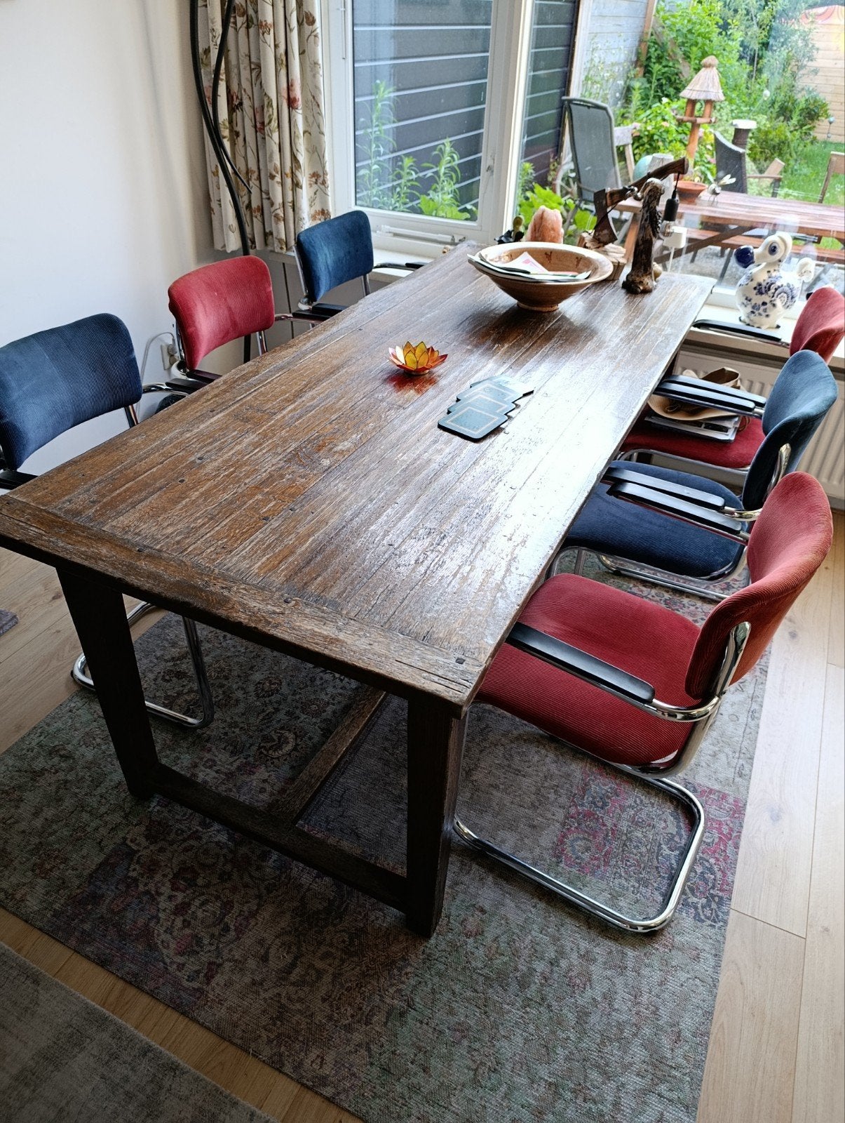 ☀️ Mooie set met een Gispen 201 en vijf Tubax Elsene stoelen, Huis en Inrichting, Gebruikt, Blauw, Vintage, Ophalen of Verzenden
