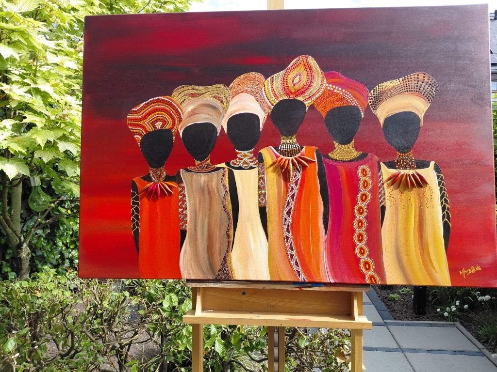 Schilderijen Afrikaanse vrouwen - Afrikaanse schilderijen, Ophalen of Verzenden, Gelimiteerde oplage, Acrylverf, Figuren
