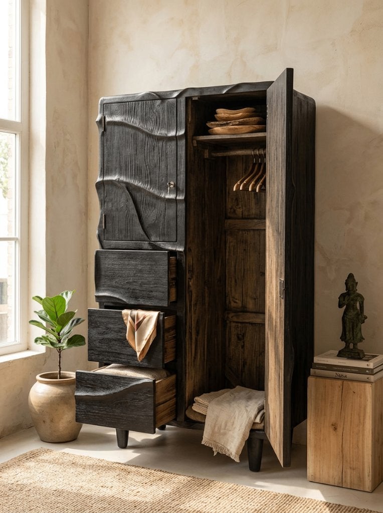 Massief teak kast, brutalist, handgesneden, op maat, Met deur(en), Teakhout, Nieuw, Minder dan 150 cm