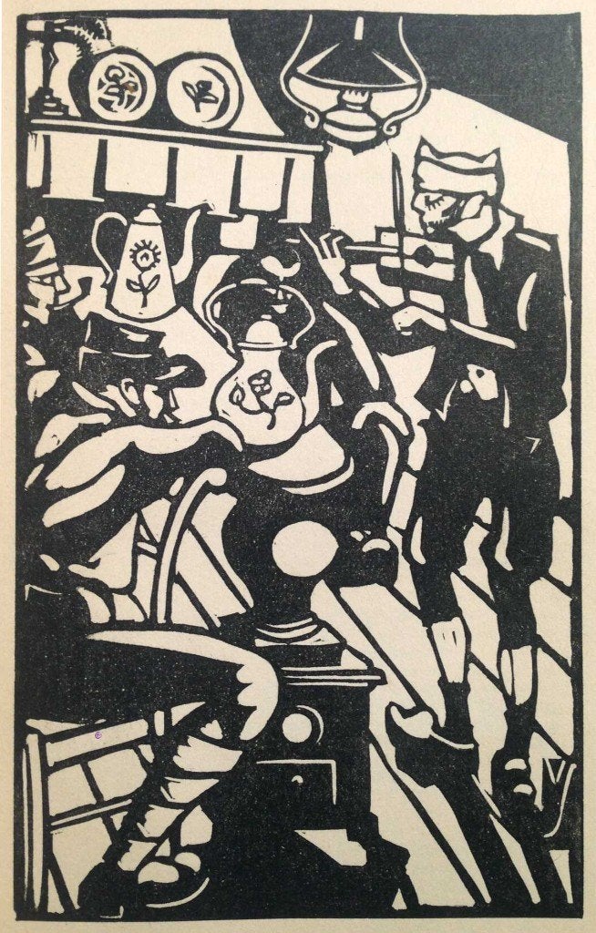 Henri van Straten (1892-1944) Houtsnede 'Soldaten in huiskam, Ophalen of Verzenden