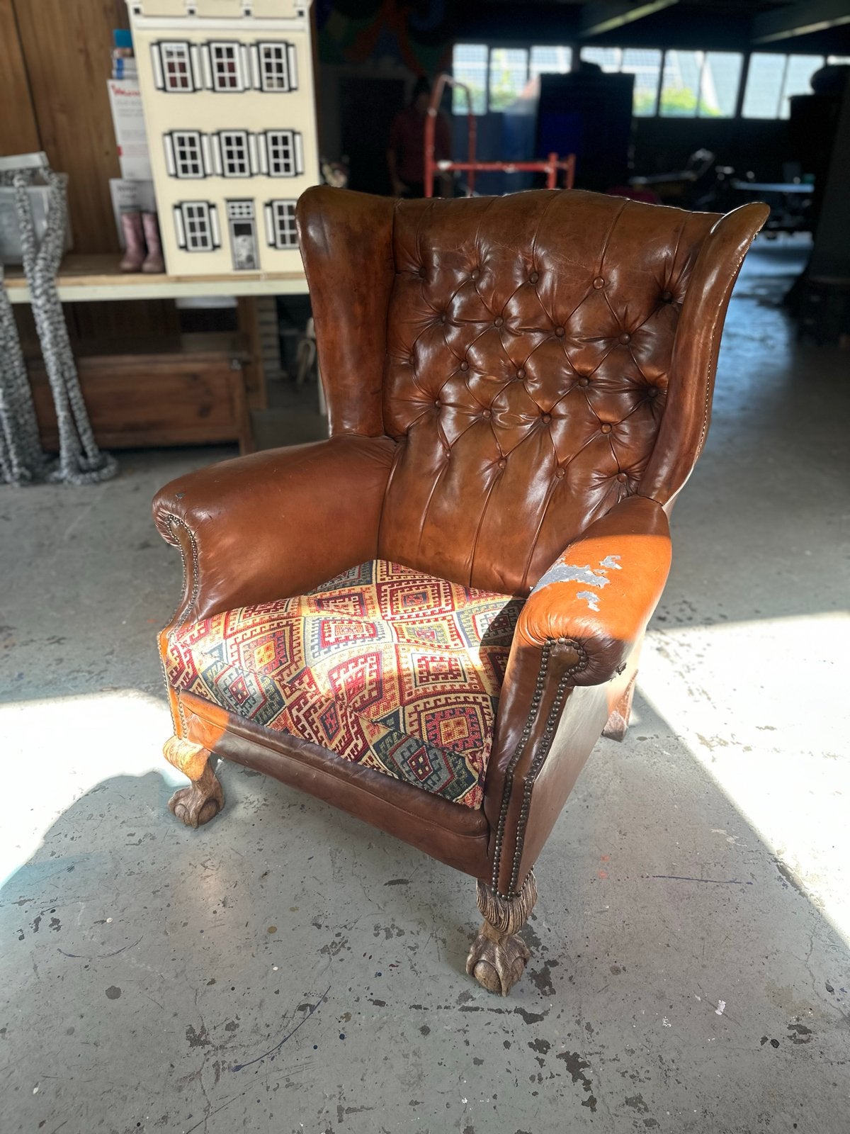 Vintage Leren Fauteuil met Oosterse Zitting, Ophalen
