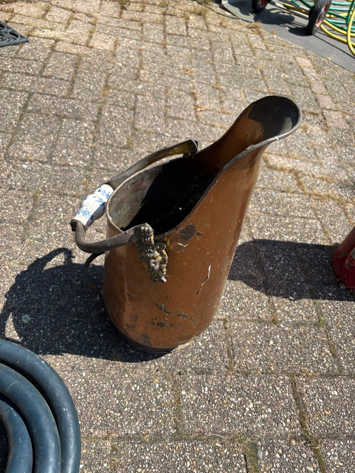 Antieke Koperen Pot met Delfts Blauw Handvat, Ophalen, Koper