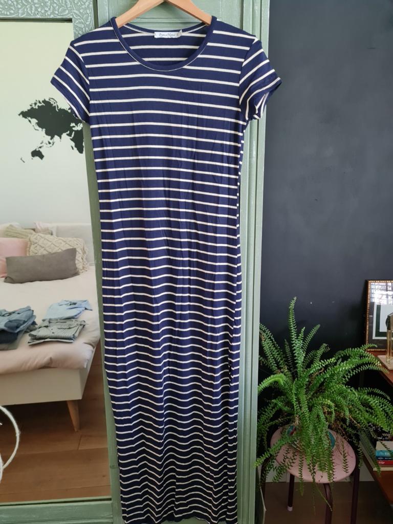 Mooie lange gestreepte jurk Bretonse streep maat L, Blauw, Nieuw, Ophalen of Verzenden, Onder de knie
