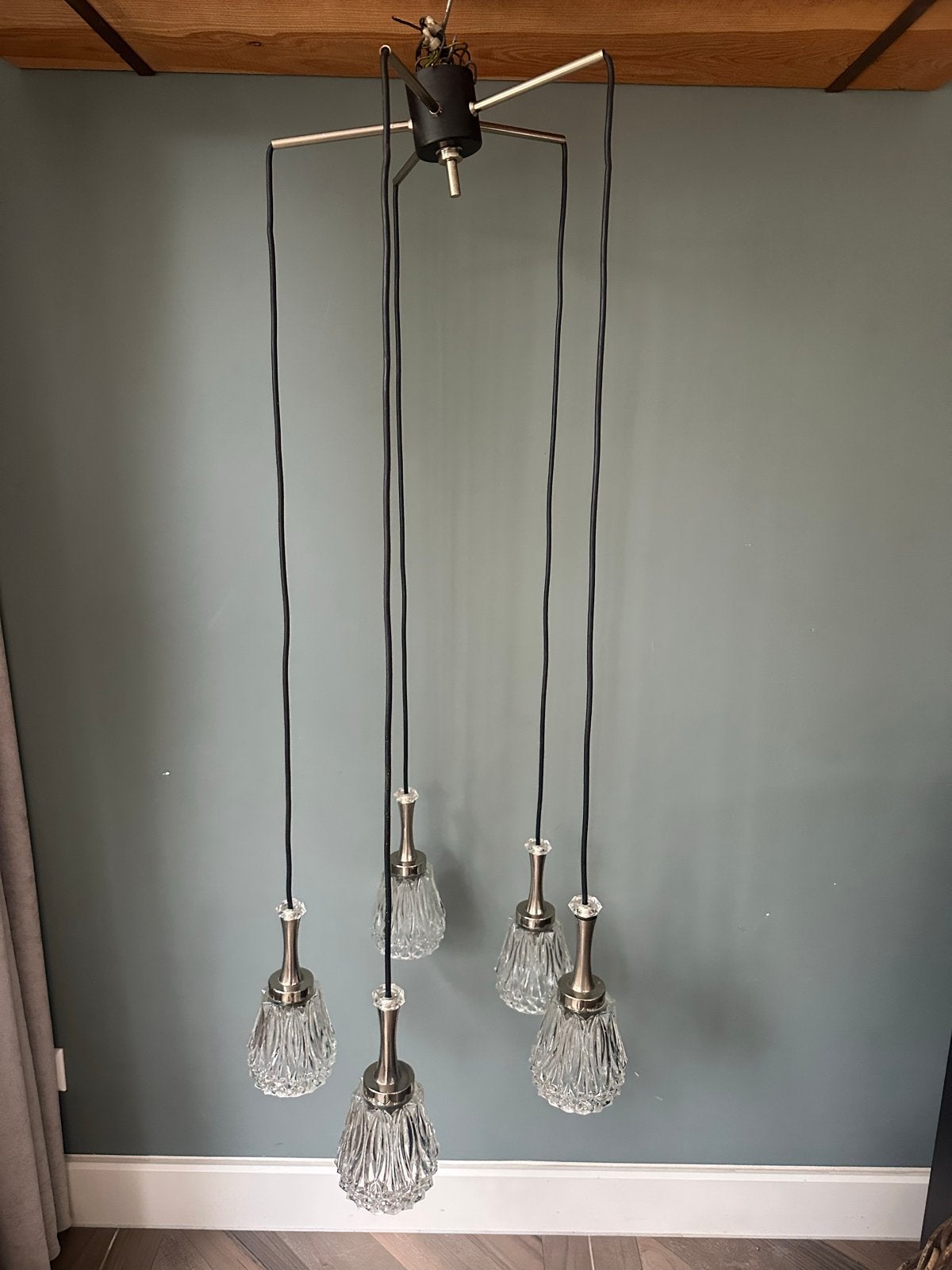 Cascade vintage hanglamp met 5 glazen kelken, Ophalen of Verzenden, Gebruikt, Glas, E14 (klein)