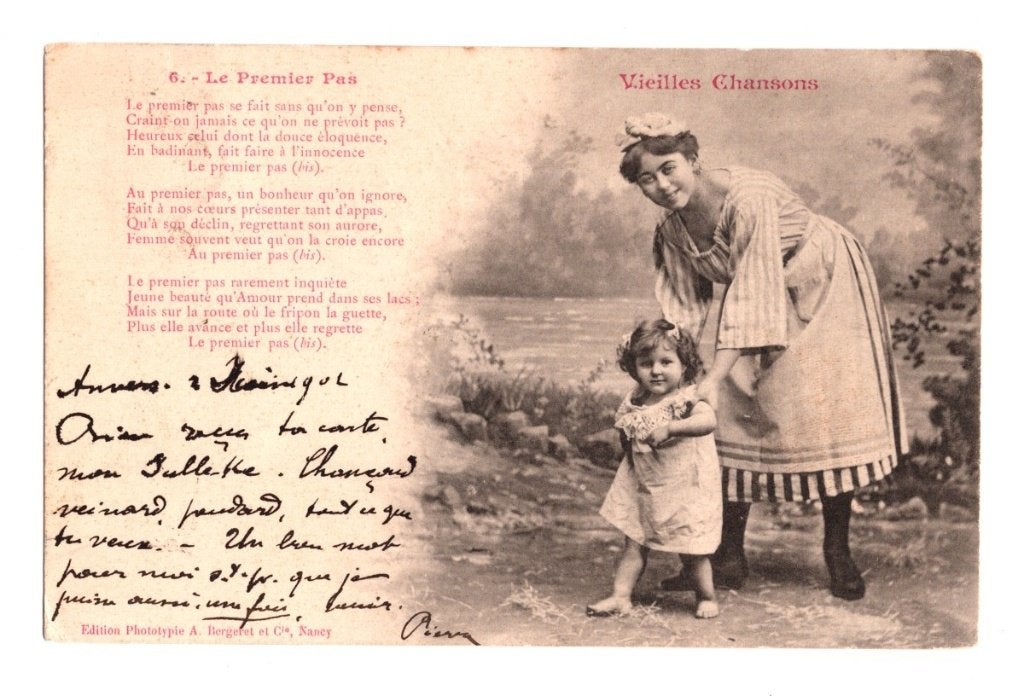 Oude Ansichtkaart Vieilles Chansons Le Premier Pas, Ophalen of Verzenden, Voor 1920, Gelopen