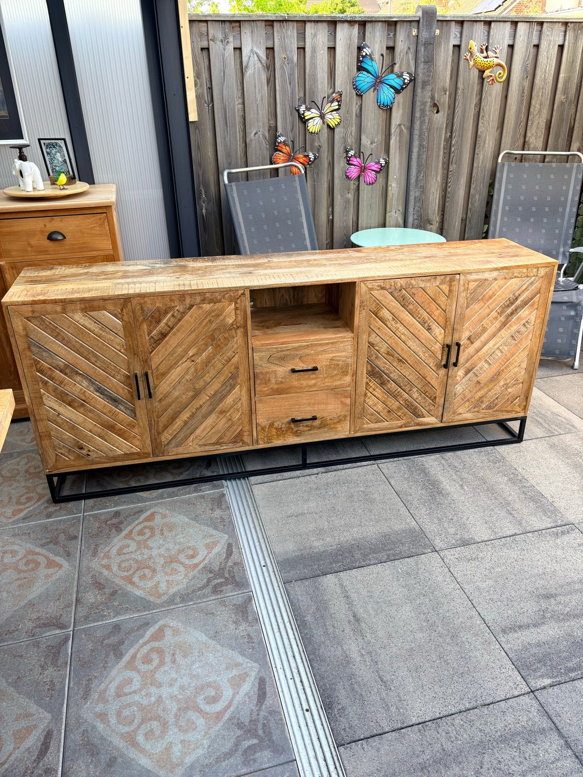 Massief mangohouten dressoir met lades en deuren, Ophalen, Zo goed als nieuw, 200 cm of meer, Met lade(s)