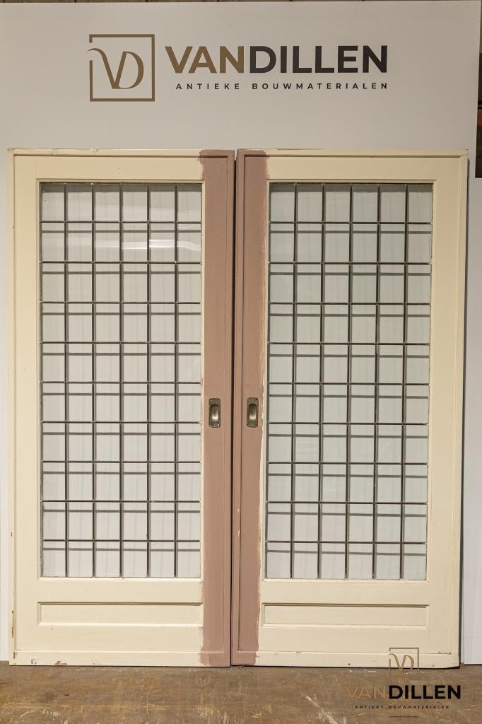 Set brede, oude glas in lood ensuite schuifdeuren 211 x 182, Doe-het-zelf en Verbouw, Deuren en Horren, Ophalen, Gebruikt, 120 cm of meer