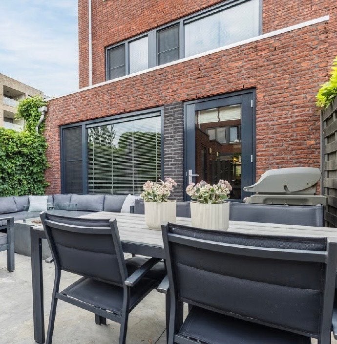 Moderne tuinset met 4 stoelen en tafel, Ophalen, 4 zitplaatsen, Gebruikt, Eettafel