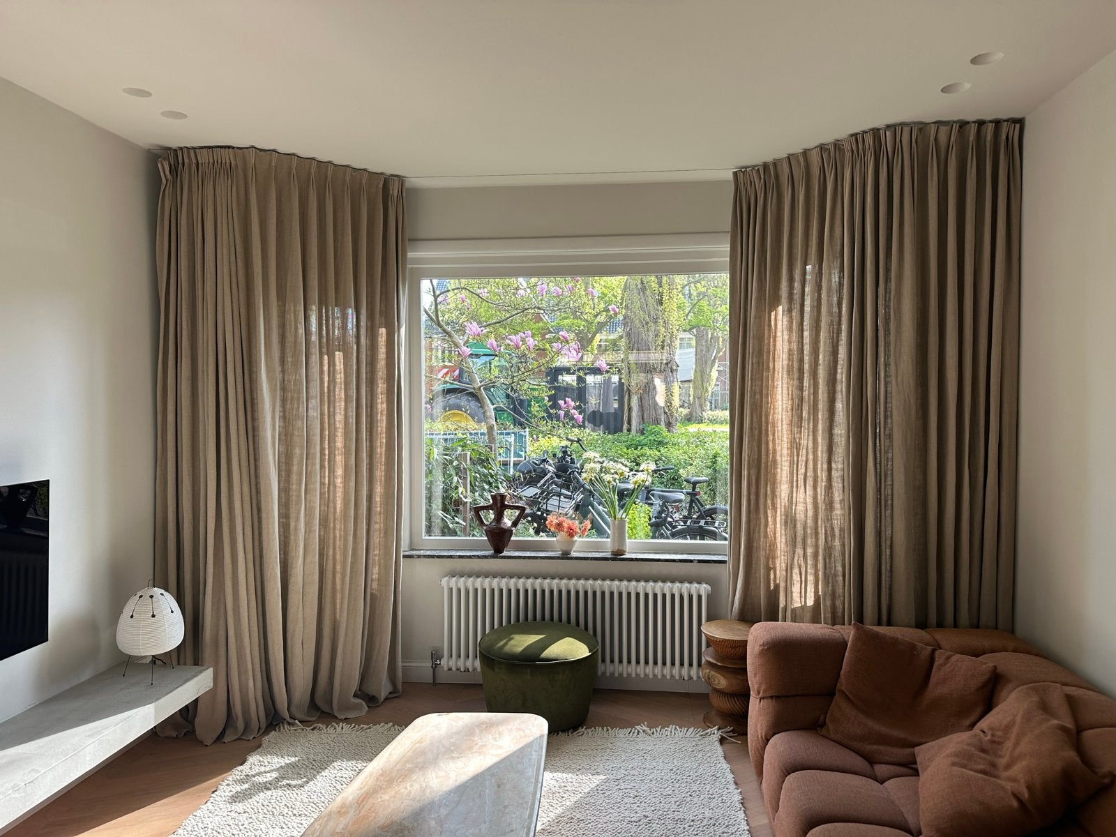 Linnen Gordijnen, Huis en Inrichting, Stoffering | Gordijnen en Lamellen, Ophalen, 200 cm of meer, Beige, Modern klassiek