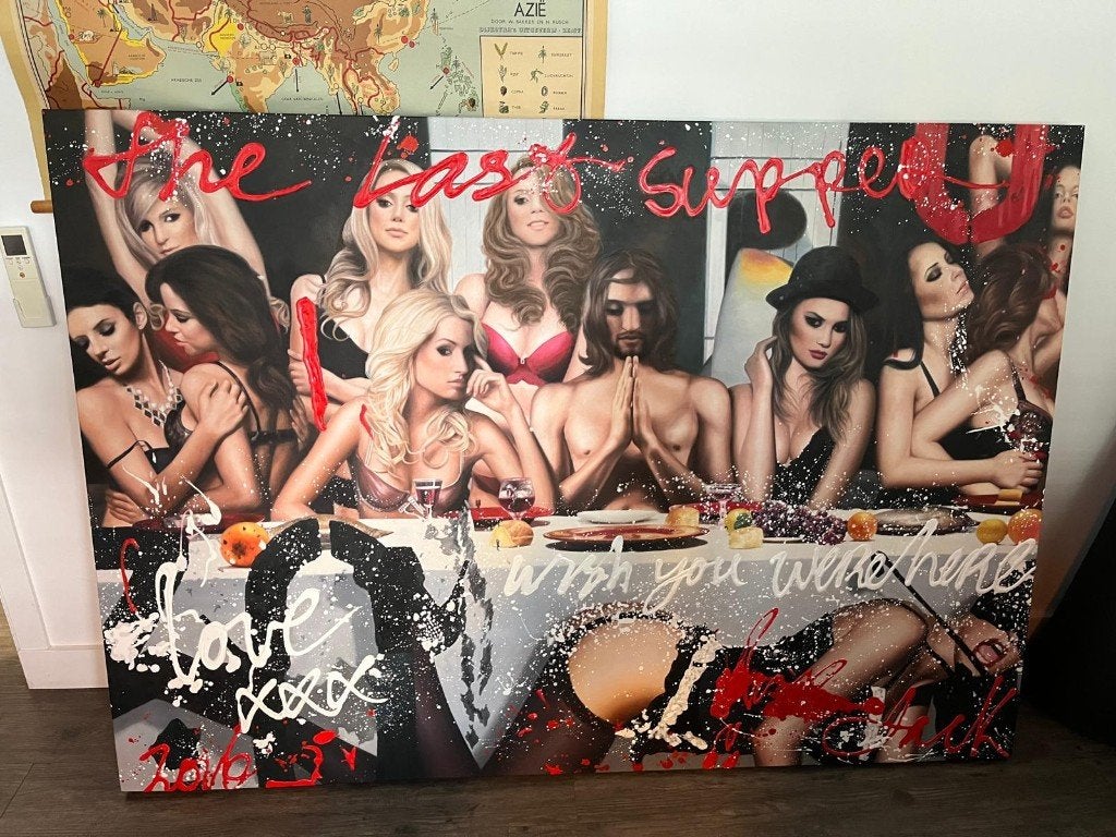 Groot handgeschilderd Pop Art schilderij The Last Supper, Ophalen, 125 cm of meer, Zo goed als nieuw, Schilderij