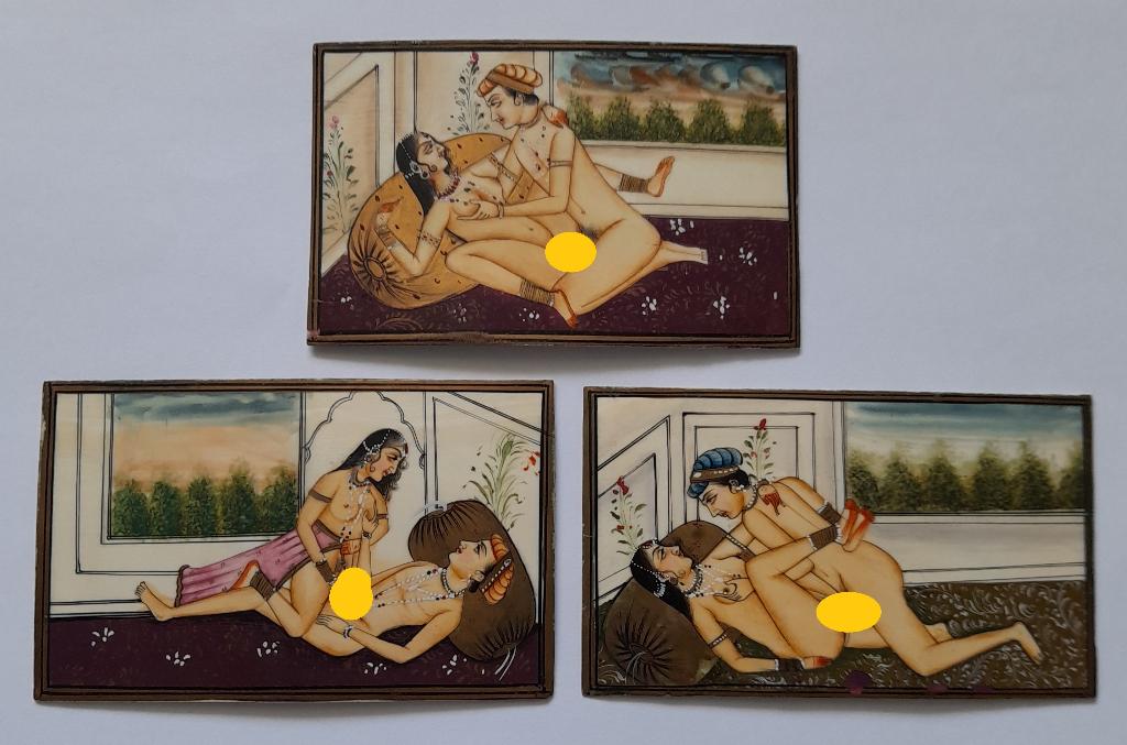 3 x India miniature erotic painting bone - Antiek ca. 1920, Antiek en Kunst, Verzenden