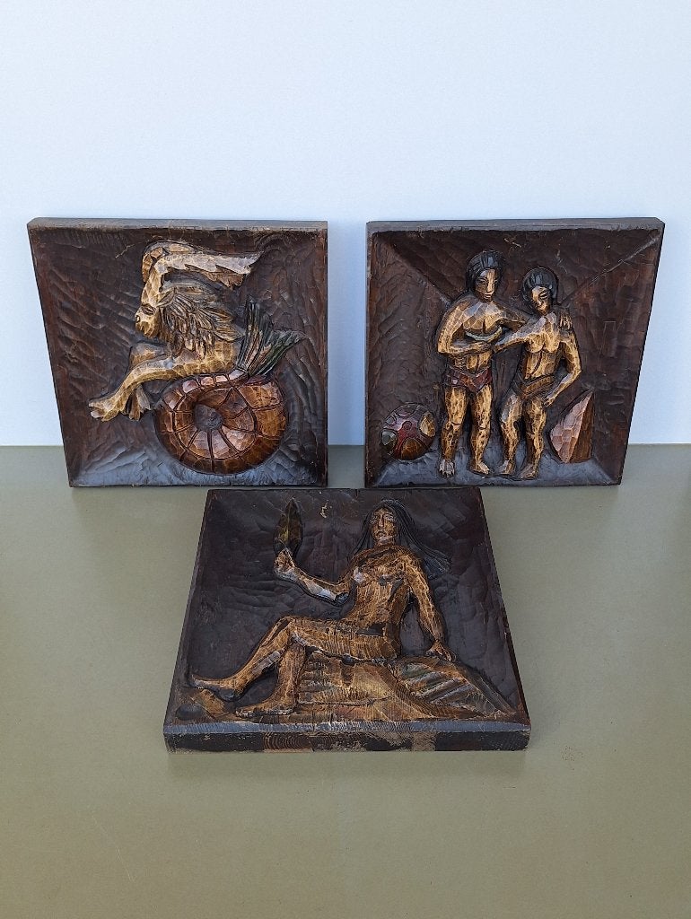 vintage houten paneel houtsnijwerk steenbok tweelingen maagd, Overige onderwerpen, Houtsnijwerk, Handgemaakt, Ophalen of Verzenden