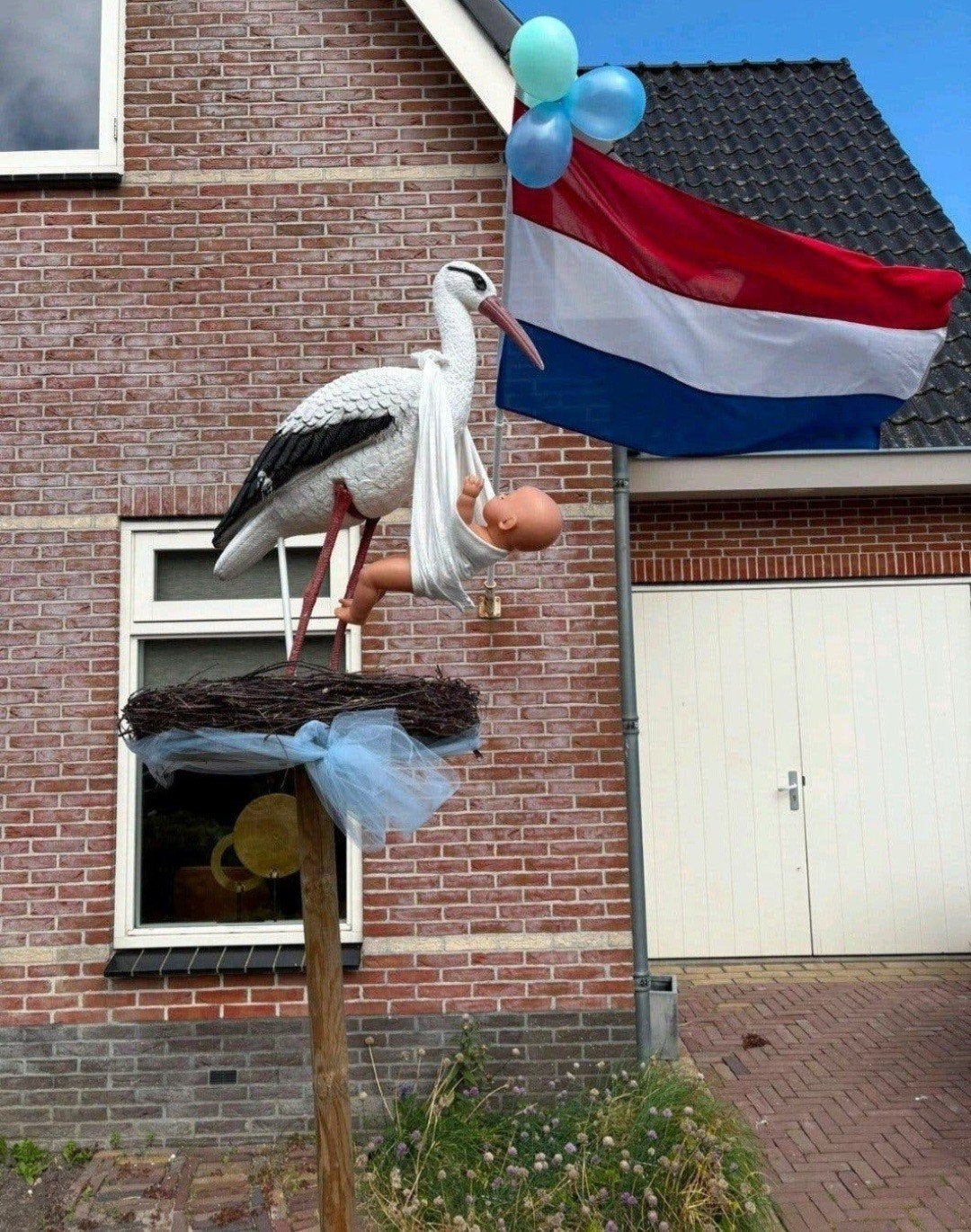 Geboorte ooievaar op nest (te huur), Ophalen, Zo goed als nieuw, Geboortebord