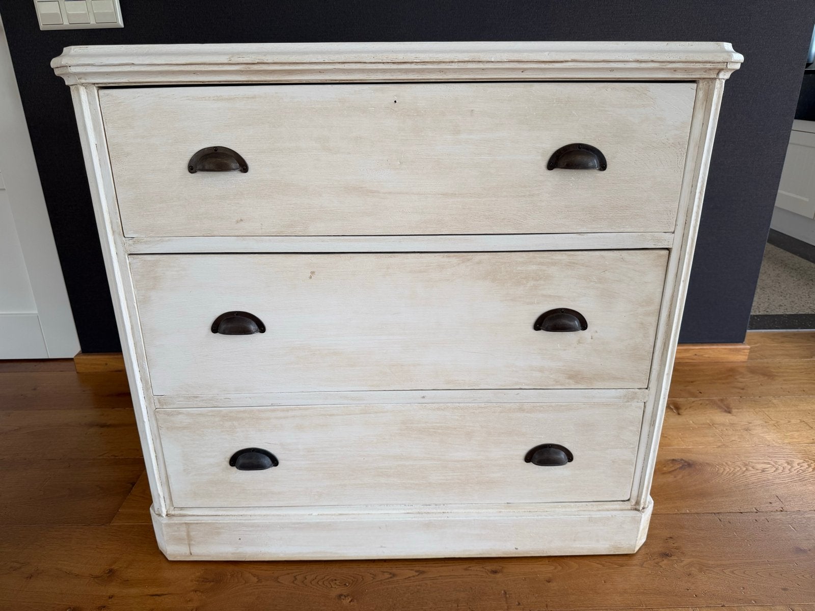 Vintage ladekast met 3 laden - Crème wit, Ophalen, Gebruikt, 100 tot 150 cm, 3 of 4 laden