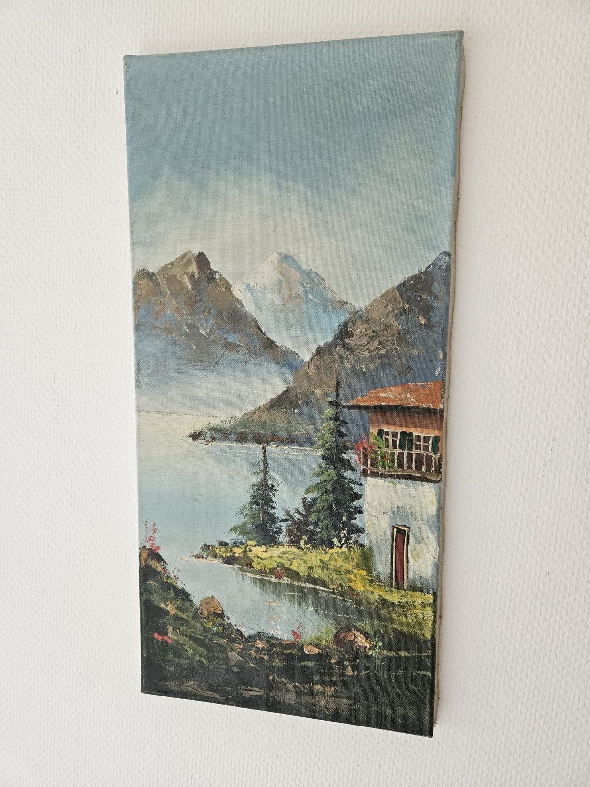 Schilderij met berglandschap en huisje aan het water, Ophalen, Doek, Realistisch, Landschap
